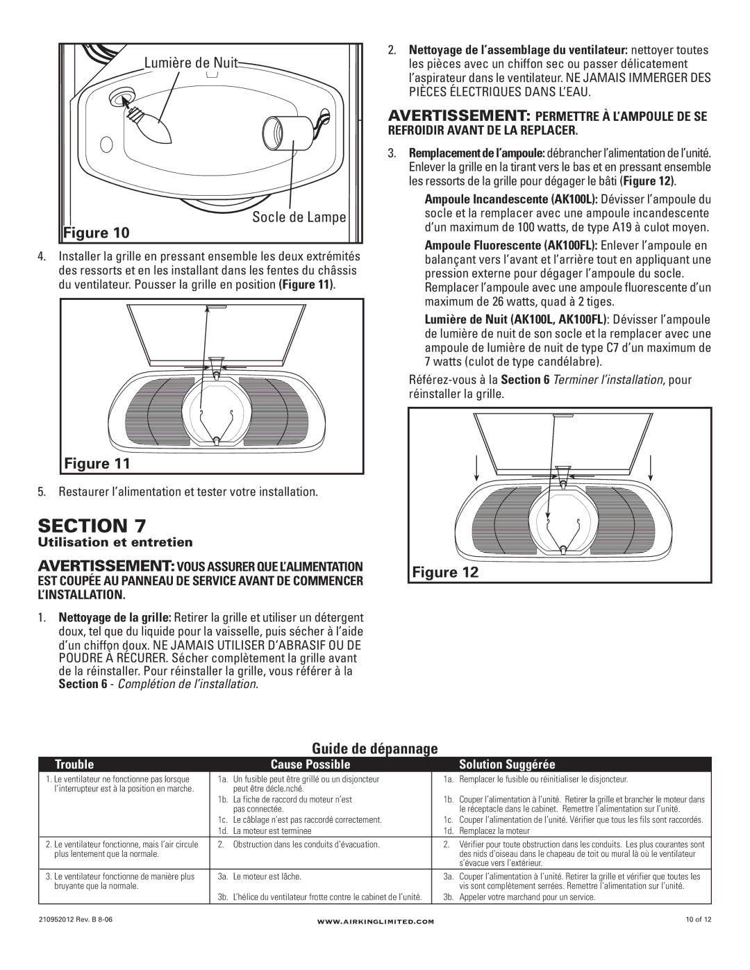 Air King AK100L, AK100FL manual Lumière de Nuit Socle de Lampe, Utilisation et entretien 