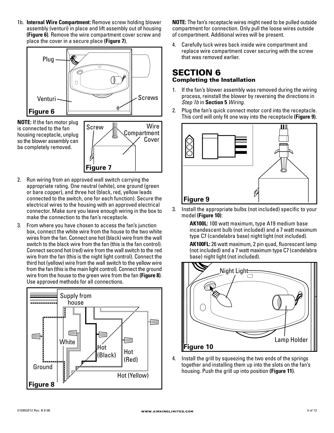 Air King AK100FL Plug Venturi Screws Wire, Compartment, Supply from House White Lamp Holder Hot, Red, Ground, Hot Yellow 