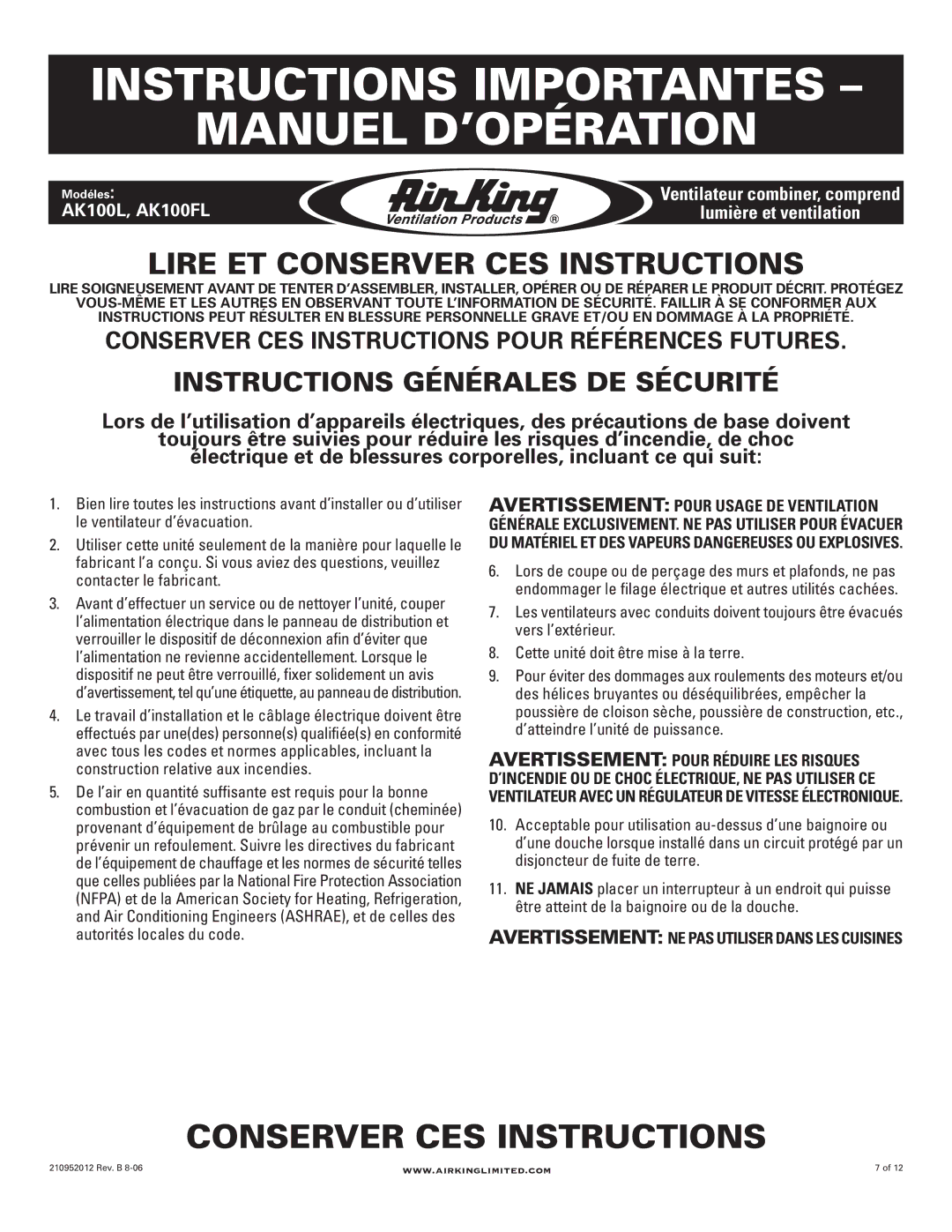 Air King AK100FL, AK100L manual Instructions Importantes Manuel D’OPÉRATION, Instructions Générales DE Sécurité 