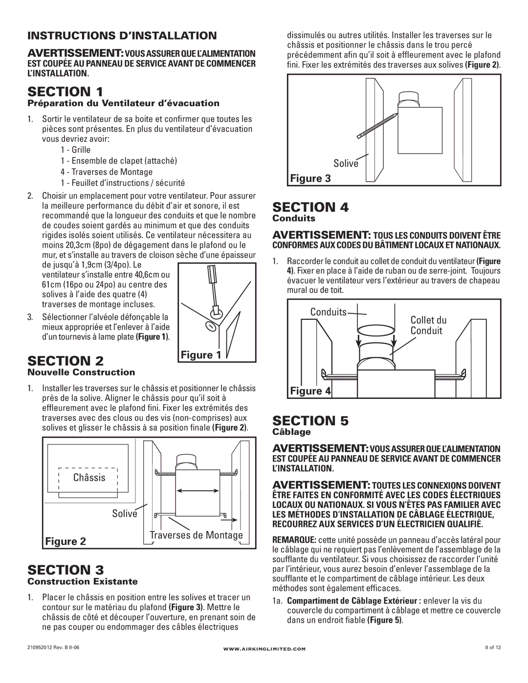 Air King AK100L, AK100FL manual Instructions D’INSTALLATION, Châssis Solive, Conduits 