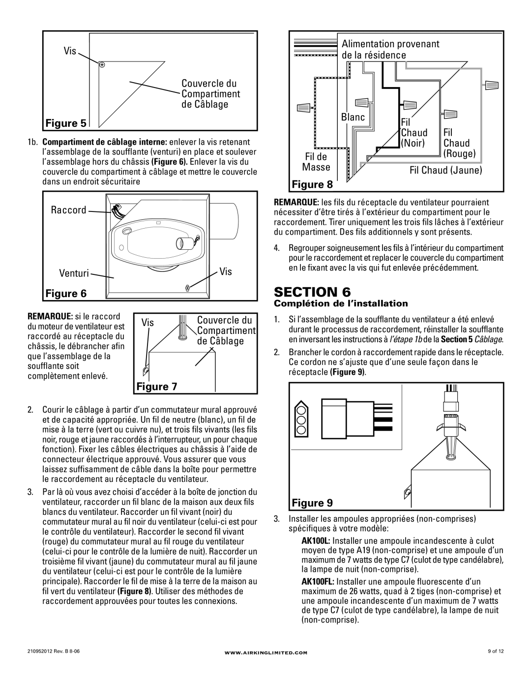 Air King AK100FL, AK100L manual De Câblage, Raccord Venturi Vis, De la résidence Blanc Fil Chaud Noir, Rouge 