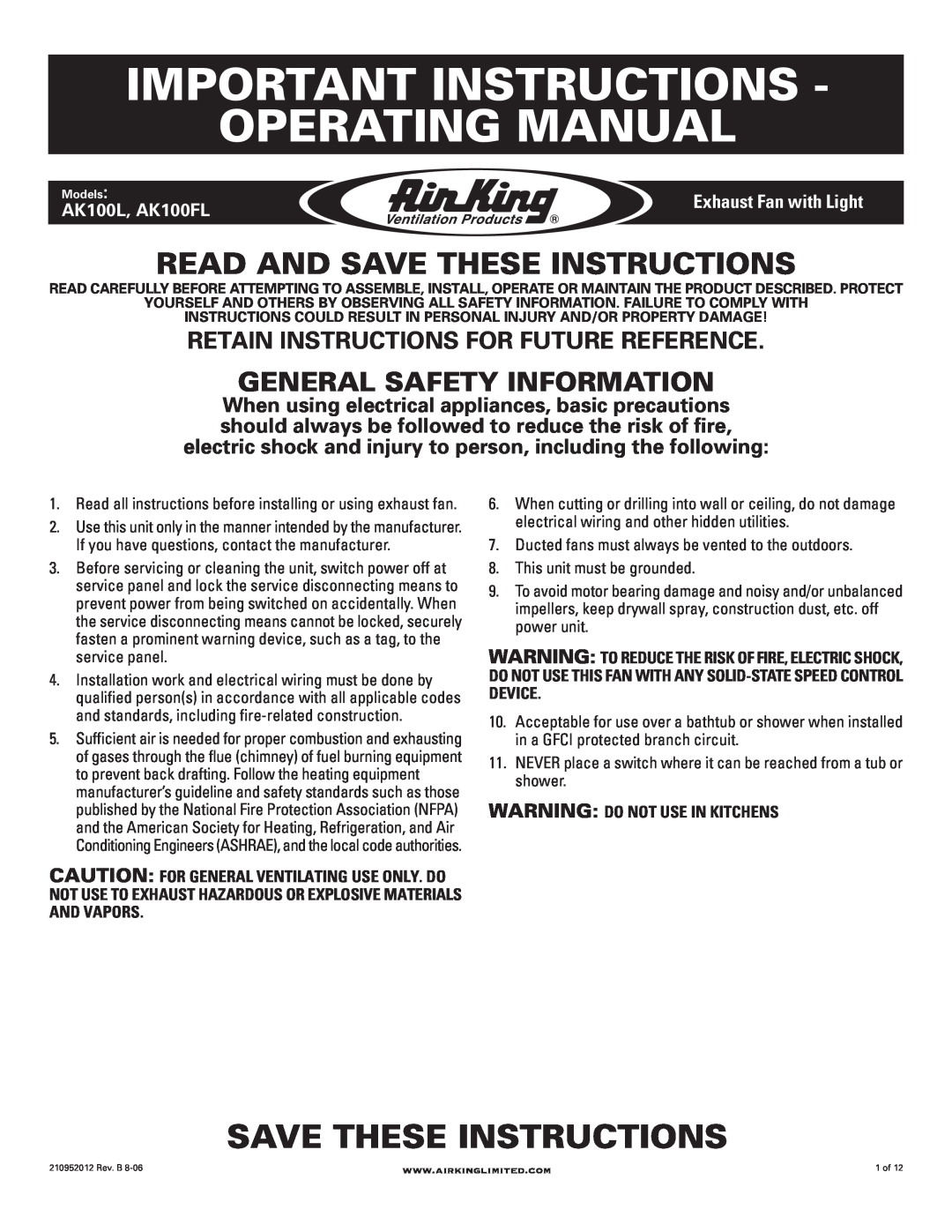 Air King manual Important Instructions Operating Manual, Read And Save These Instructions, AK100L, AK100FL 