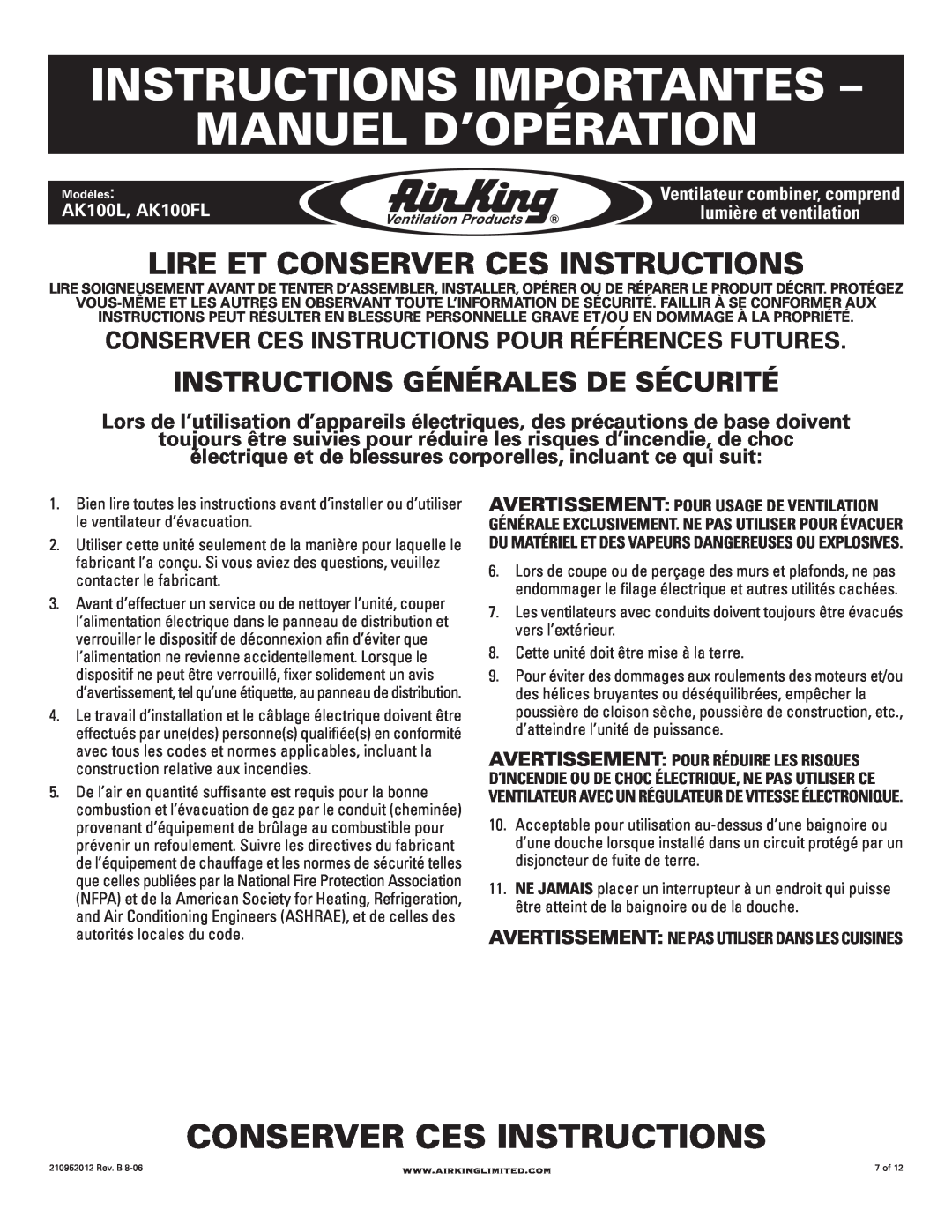 Air King AK100FL, AK100L manual Instructions Importantes - Manuel D’Opération, Conserver Ces Instructions 