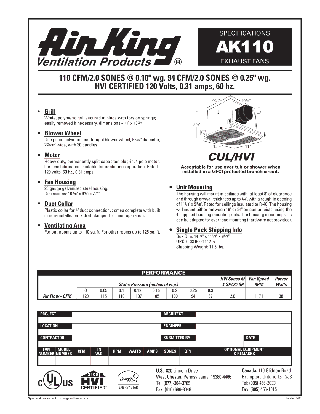 Air King AK110 specifications Grill, Blower Wheel, Motor, Fan Housing, Duct Collar, Unit Mounting, Ventilating Area 