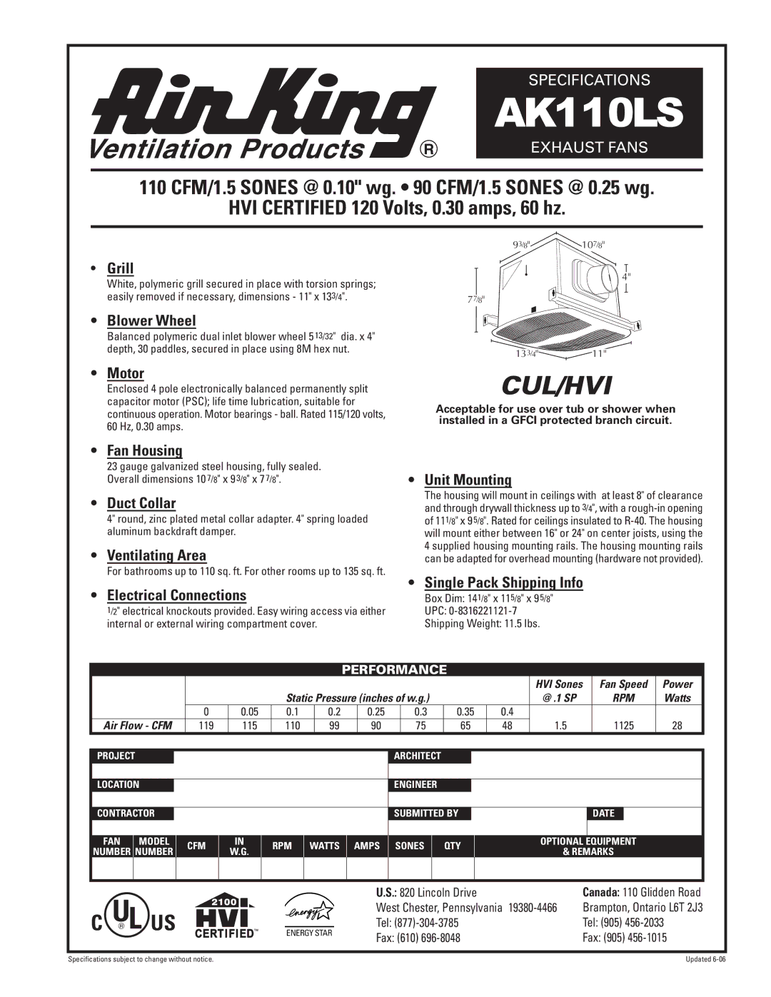 Air King AK110LS specifications Grill, Blower Wheel, Motor, Fan Housing, Duct Collar, Ventilating Area, Unit Mounting 