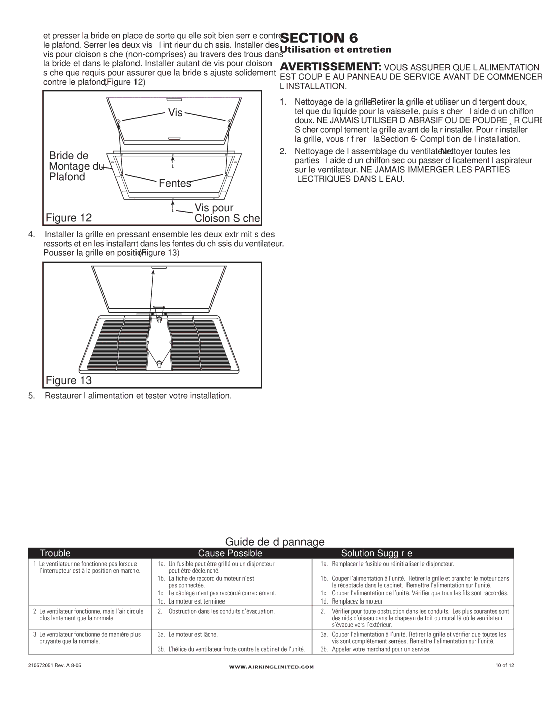 Air King AK300LS, AK150LS, AK200LS manual Bride de Montage du Plafond Fentes Vis pour, Utilisation et entretien 