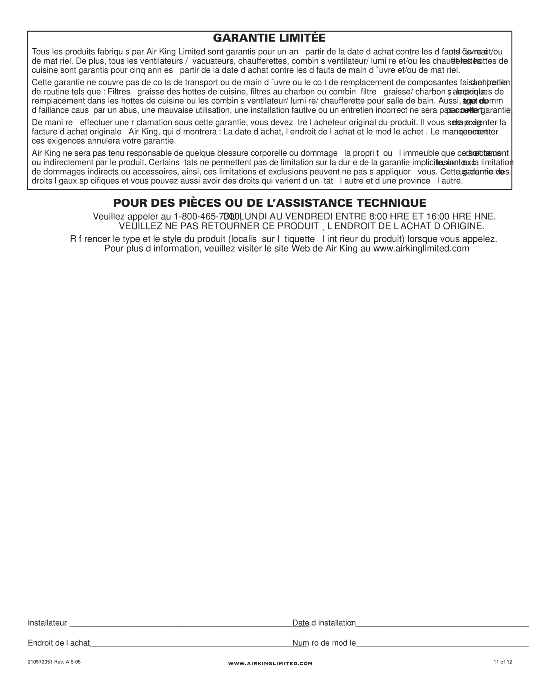 Air King AK200LS, AK150LS, AK300LS manual Garantie Limitée, Pour DES Pièces OU DE L’ASSISTANCE Technique 