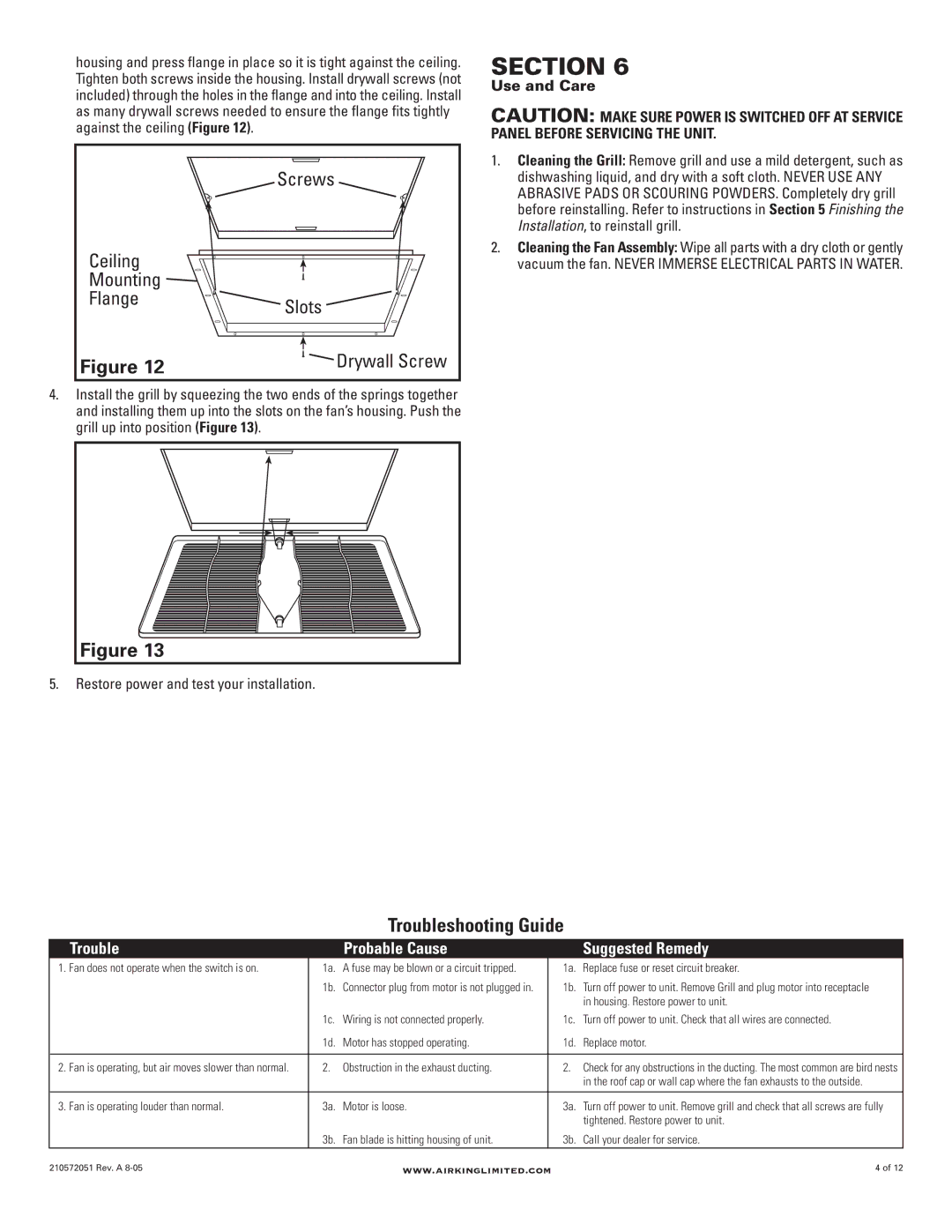 Air King AK300LS, AK150LS, AK200LS manual Screws Ceiling Mounting Flange Slots, Use and Care 