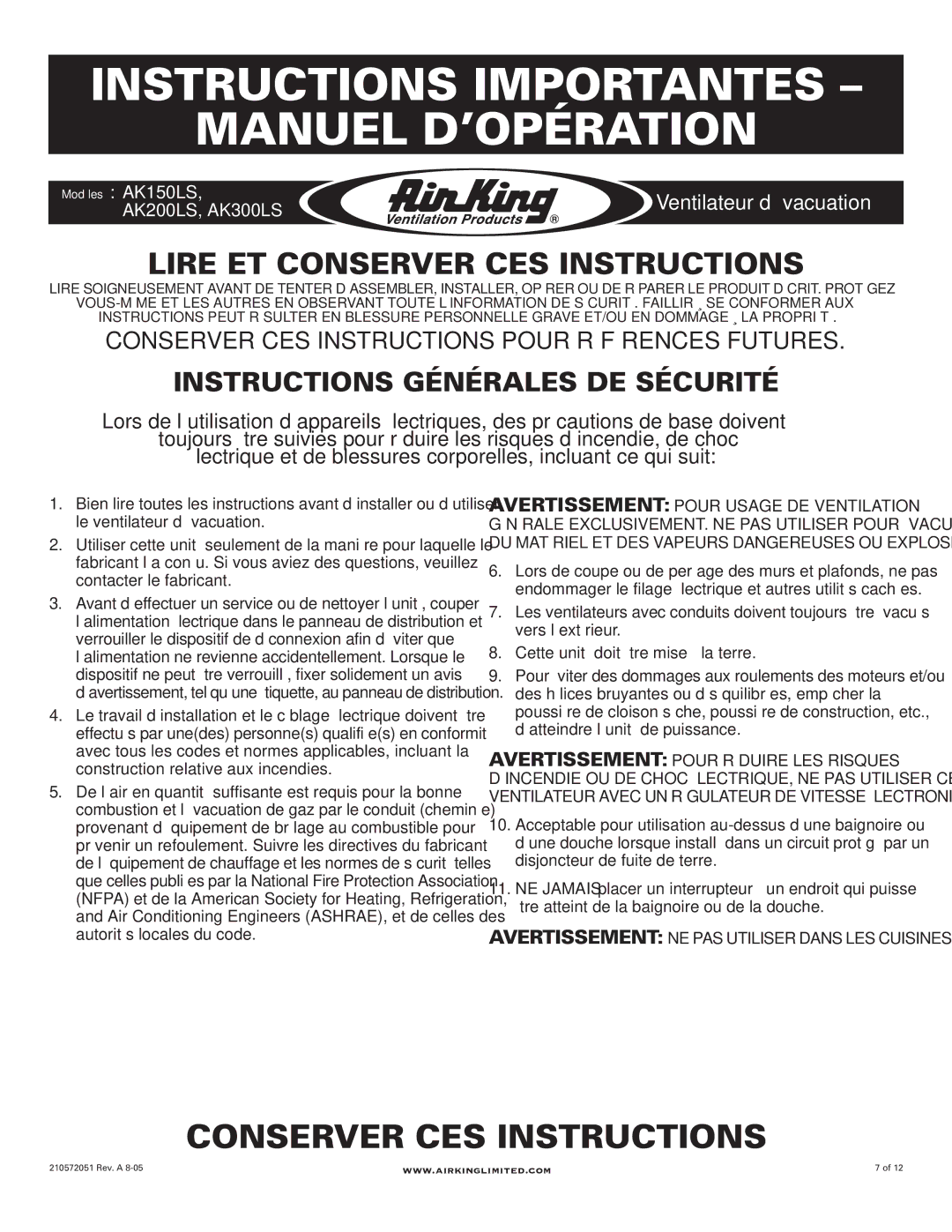 Air King AK300LS, AK150LS, AK200LS manual Instructions Importantes Manuel D’OPÉRATION, Instructions Générales DE Sécurité 