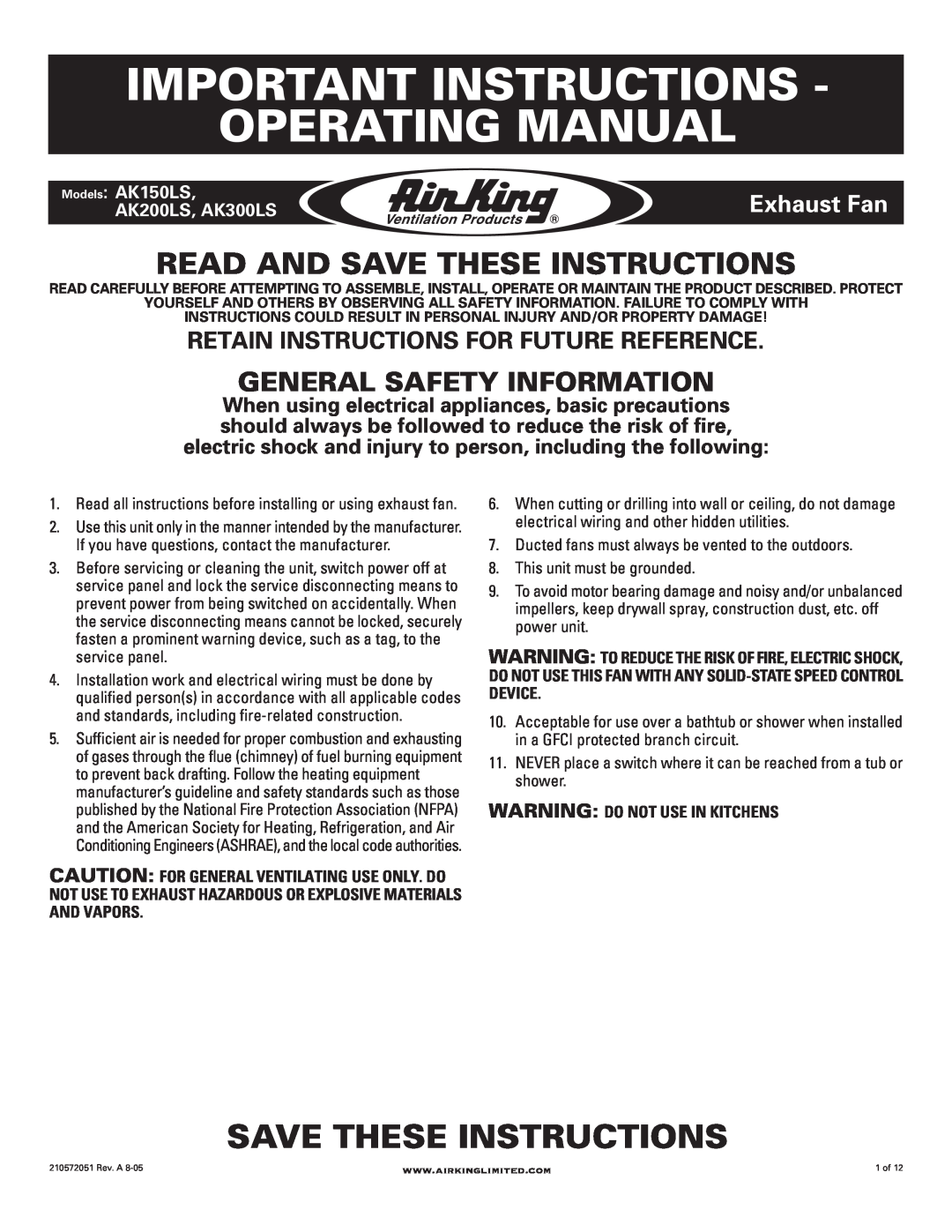 Air King AK300LS manual Important Instructions Operating Manual, Read And Save These Instructions, Exhaust Fan 