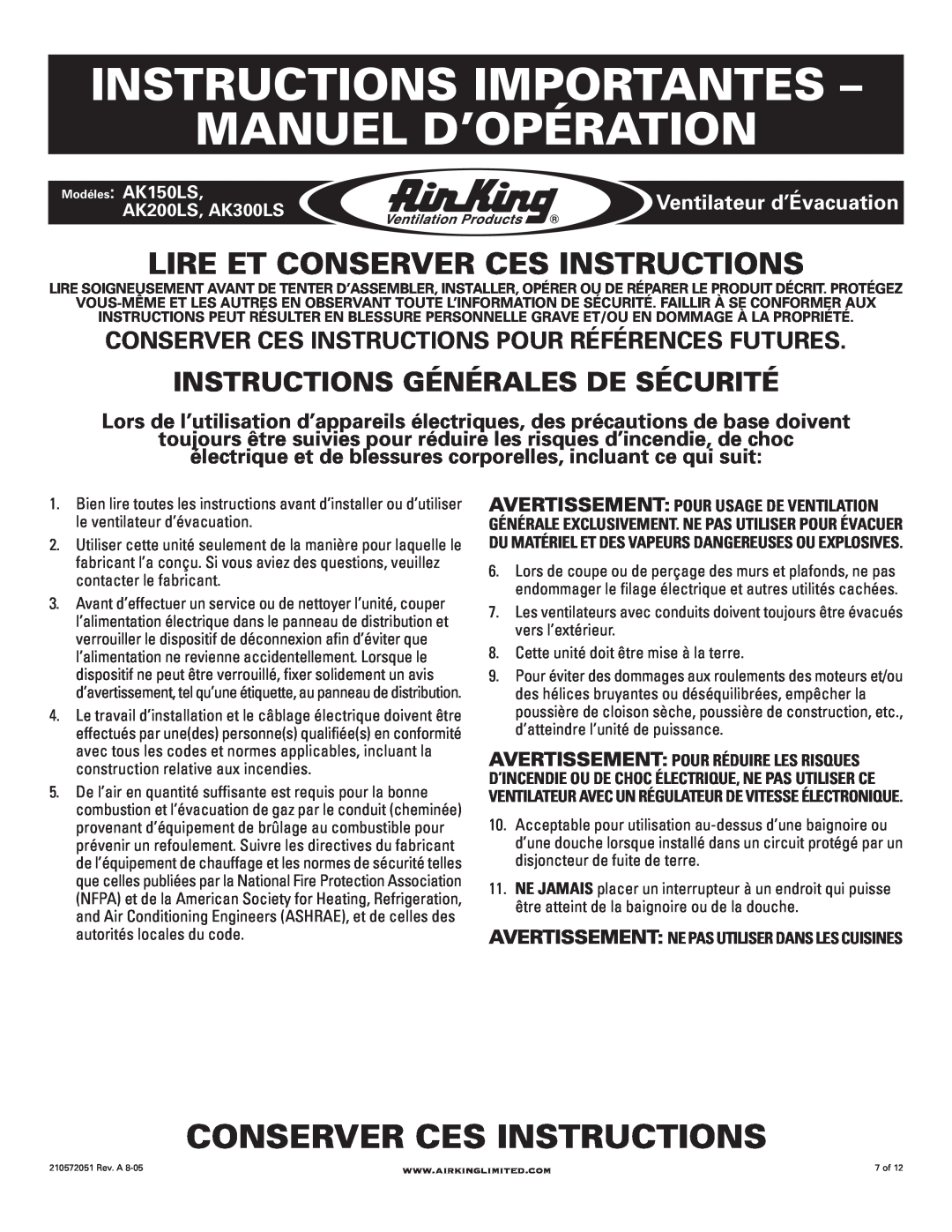 Air King AK300LS manual Instructions Importantes Manuel D’Opération, Conserver Ces Instructions, Ventilateur d’Évacuation 