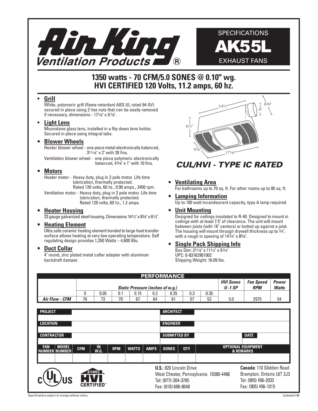 Air King AK55L specifications Grill, Light Lens, Blower Wheels, Motors, Ventilating Area, Lamping Information, Duct Collar 