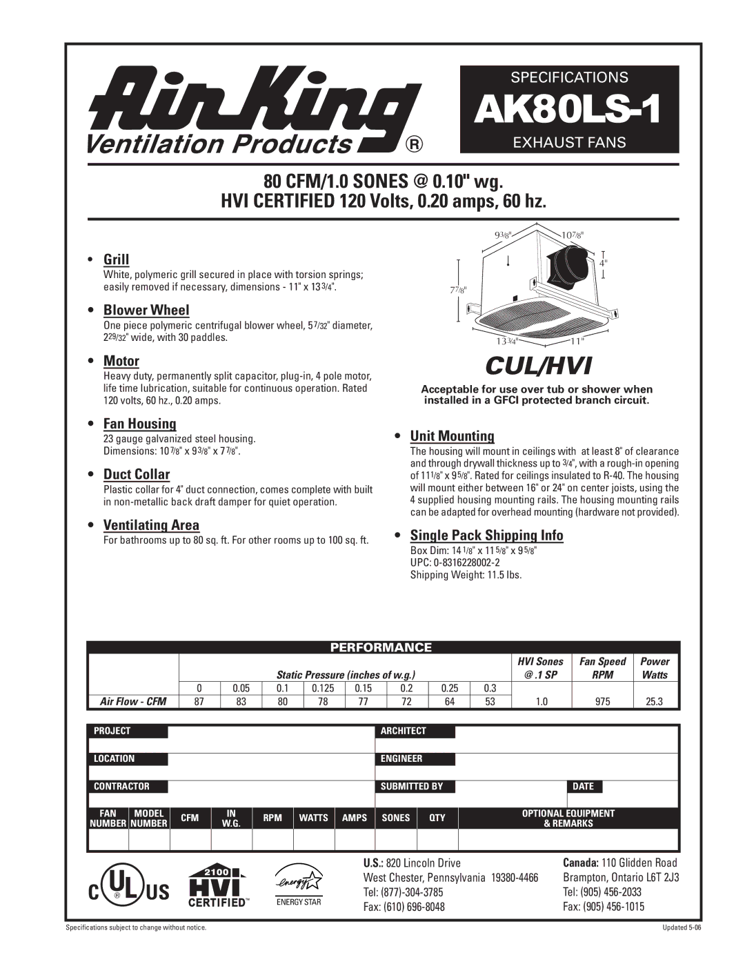 Air King AK80LS-1 specifications Grill, Blower Wheel, Motor, Fan Housing, Duct Collar, Unit Mounting, Ventilating Area 