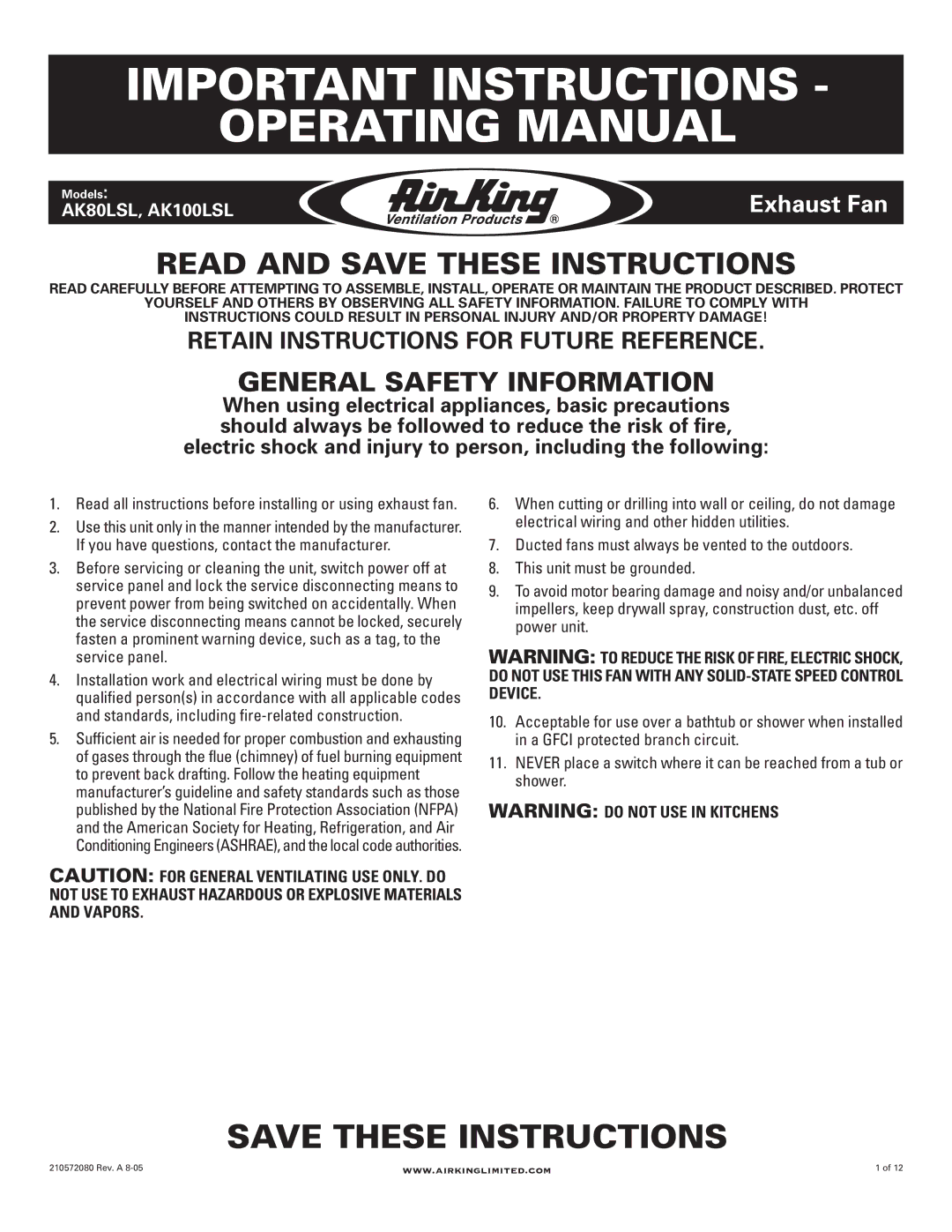 Air King AK100LSL, AK80LSL manual Important Instructions Operating Manual, General Safety Information 