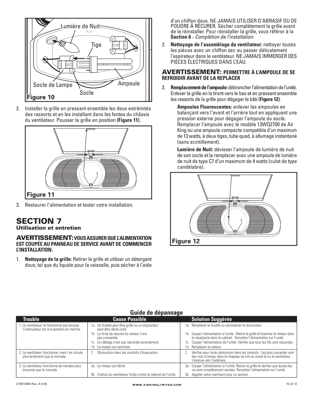 Air King AK80LSL, AK100LSL manual Lumière de Nuit Tige Socle de Lampe, Utilisation et entretien 