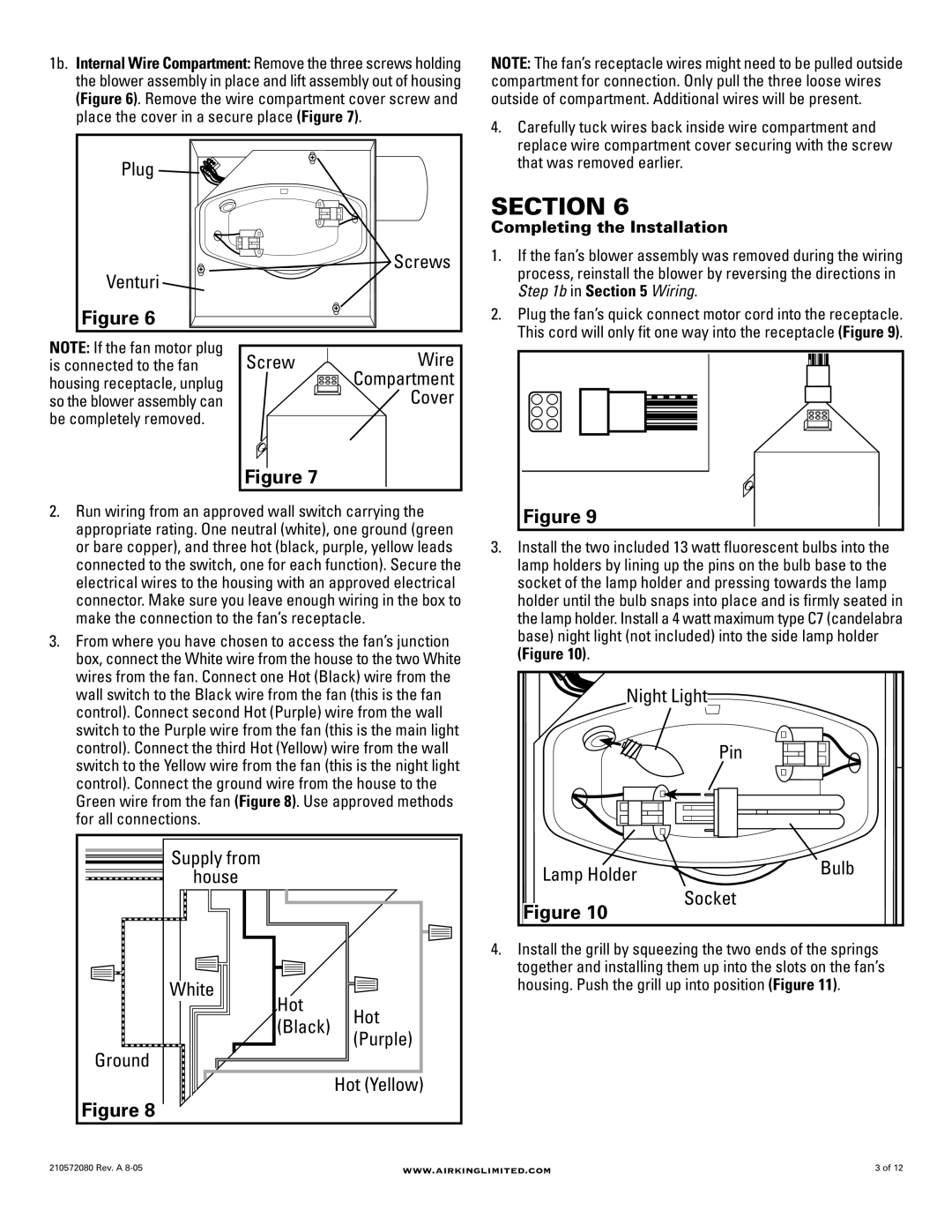 Air King AK100LSL, AK80LSL manual Plug, Screws, Venturi, Screw Wire, Supply from Lamp Holder Bulb House Socket, White Hot 