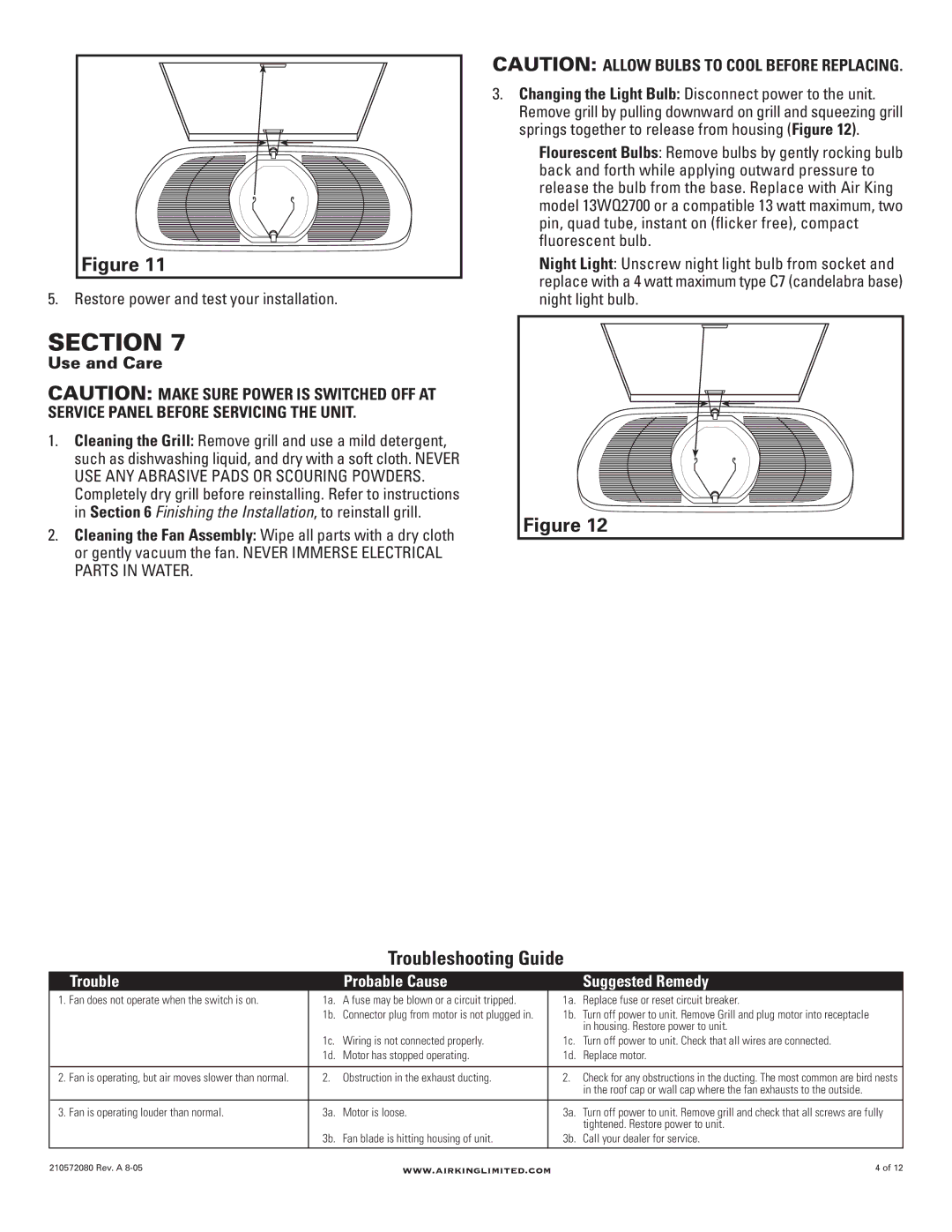 Air King AK80LSL, AK100LSL manual Restore power and test your installation, Use and Care 