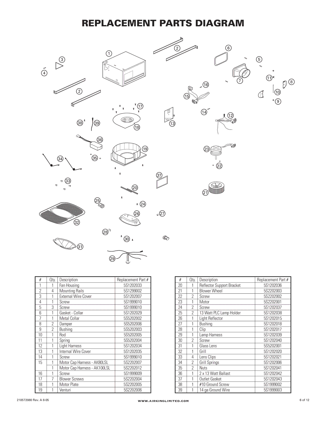 Air King AK80LSL, AK100LSL manual Replacement Parts Diagram 