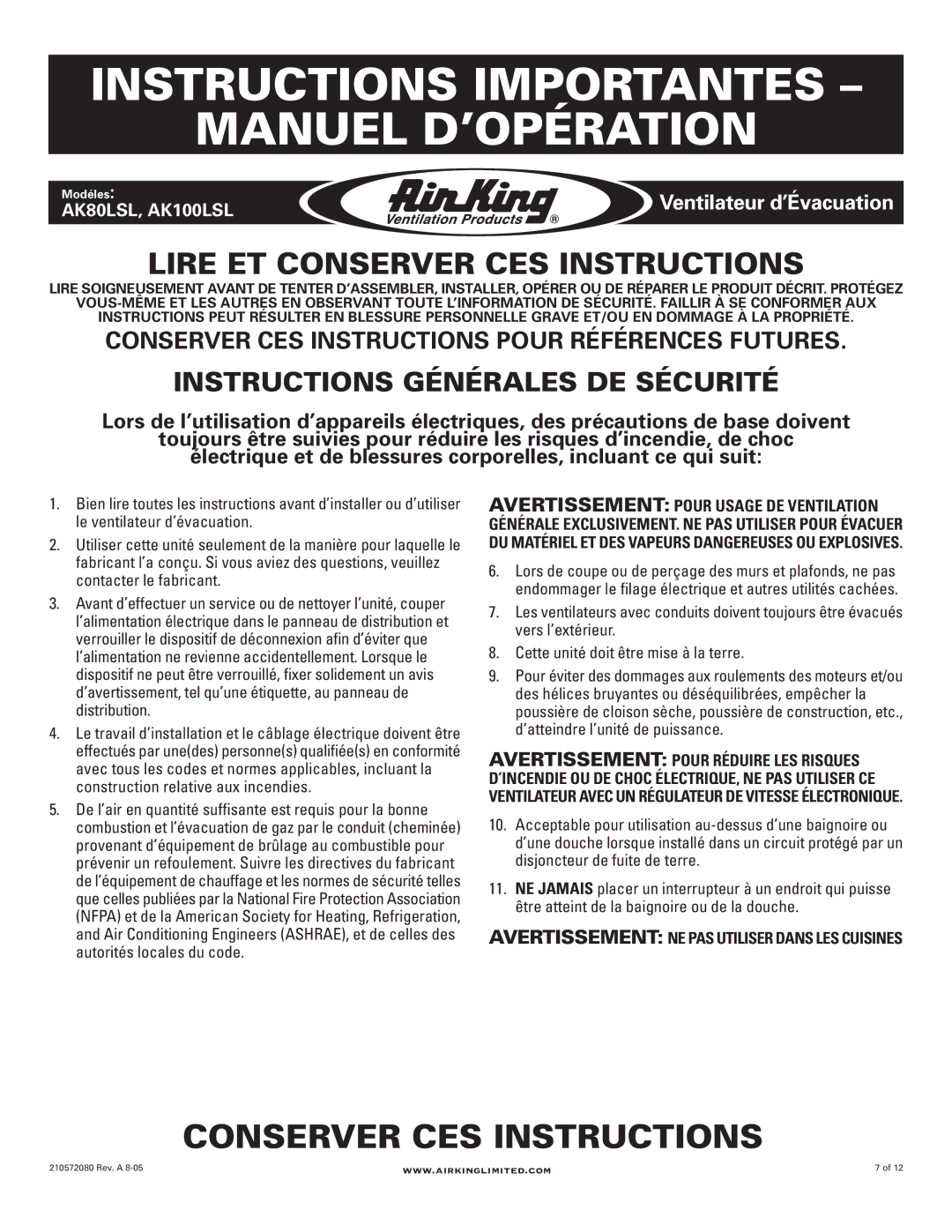 Air King AK100LSL, AK80LSL manual Instructions Importantes Manuel D’OPÉRATION, Instructions Générales DE Sécurité 