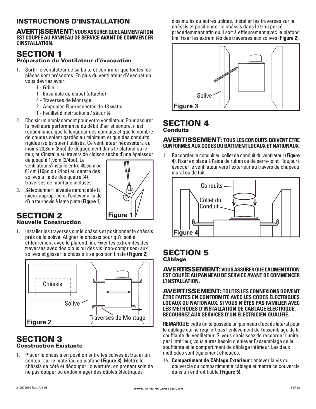 Air King AK80LSL, AK100LSL manual Instructions D’INSTALLATION, Châssis, Solive, Conduit 