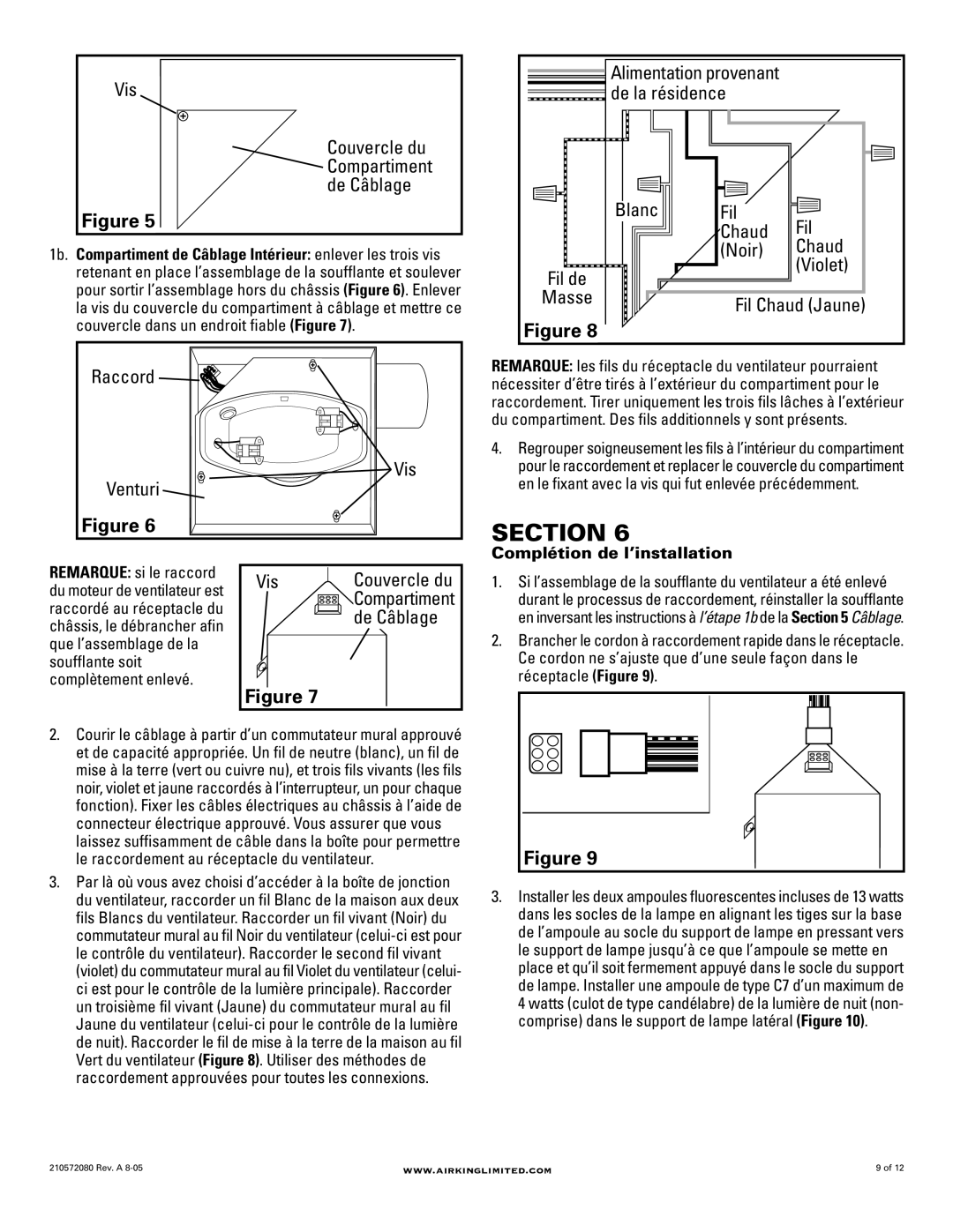 Air King AK100LSL, AK80LSL manual Vis, De Câblage, Violet, Complétion de l’installation 