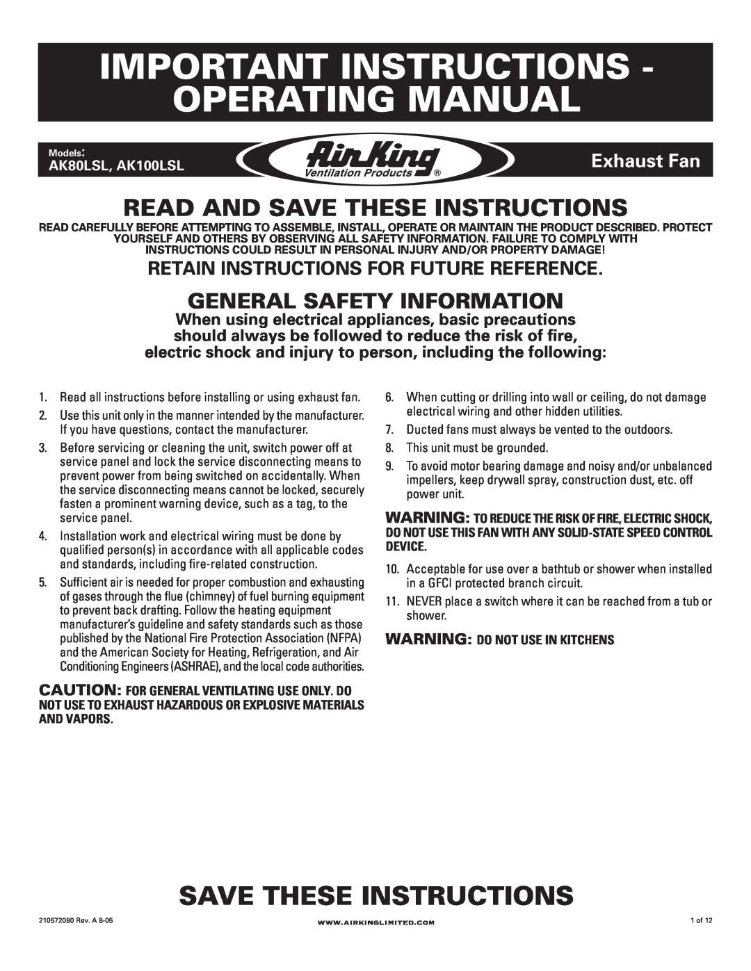 Air King AK100LSL manual Important Instructions Operating Manual, Save These Instructions, General Safety Information 