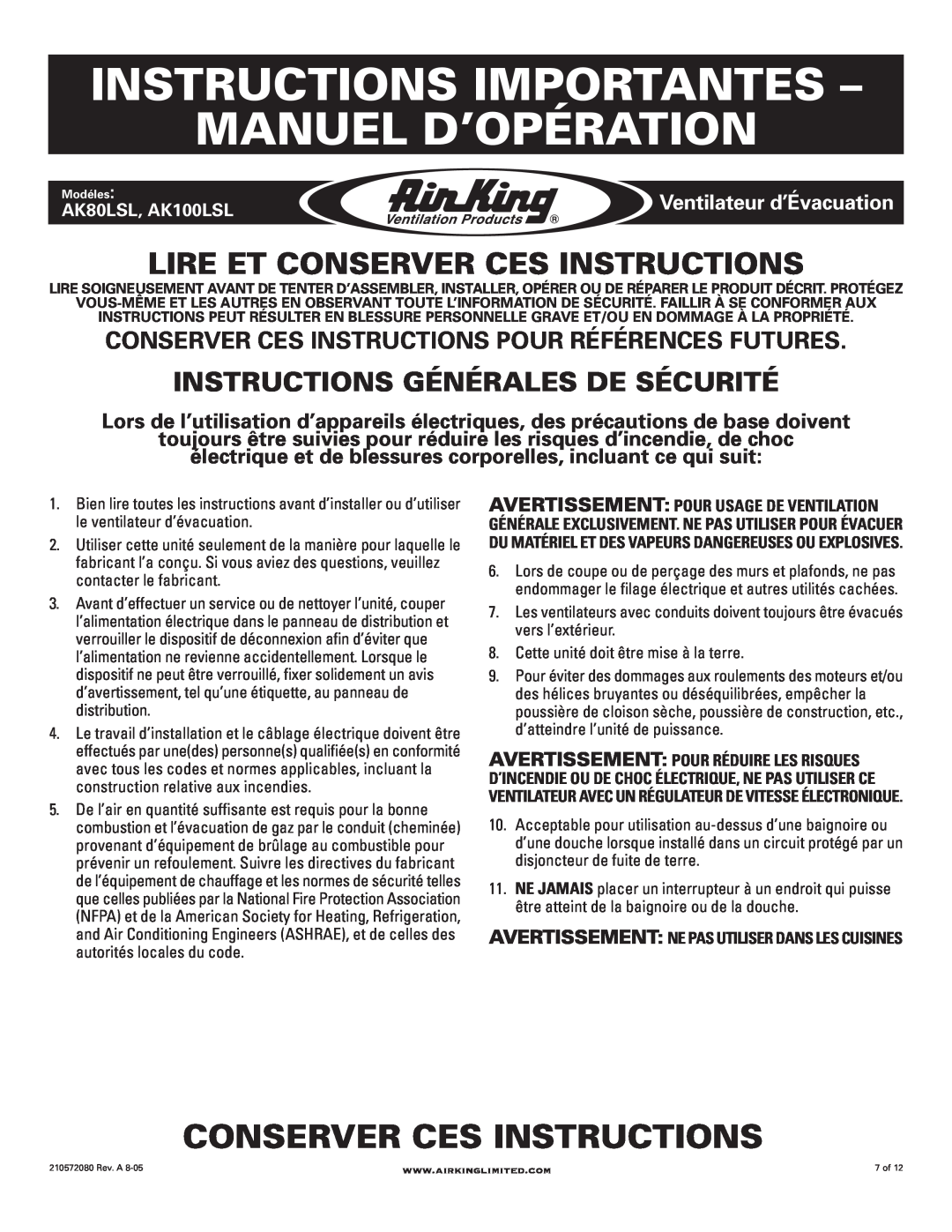 Air King AK100LSL manual Instructions Importantes Manuel D’Opération, Conserver Ces Instructions, Ventilateur d’Évacuation 