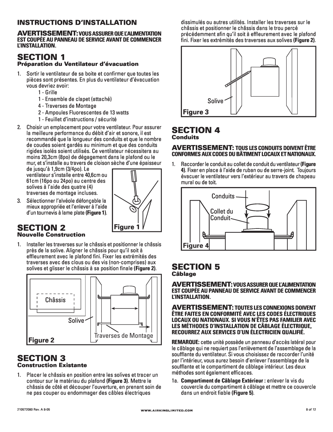 Air King AK80LSL manual Instructions D’Installation, Section, Collet du, Préparation du Ventilateur d’évacuation, Conduits 