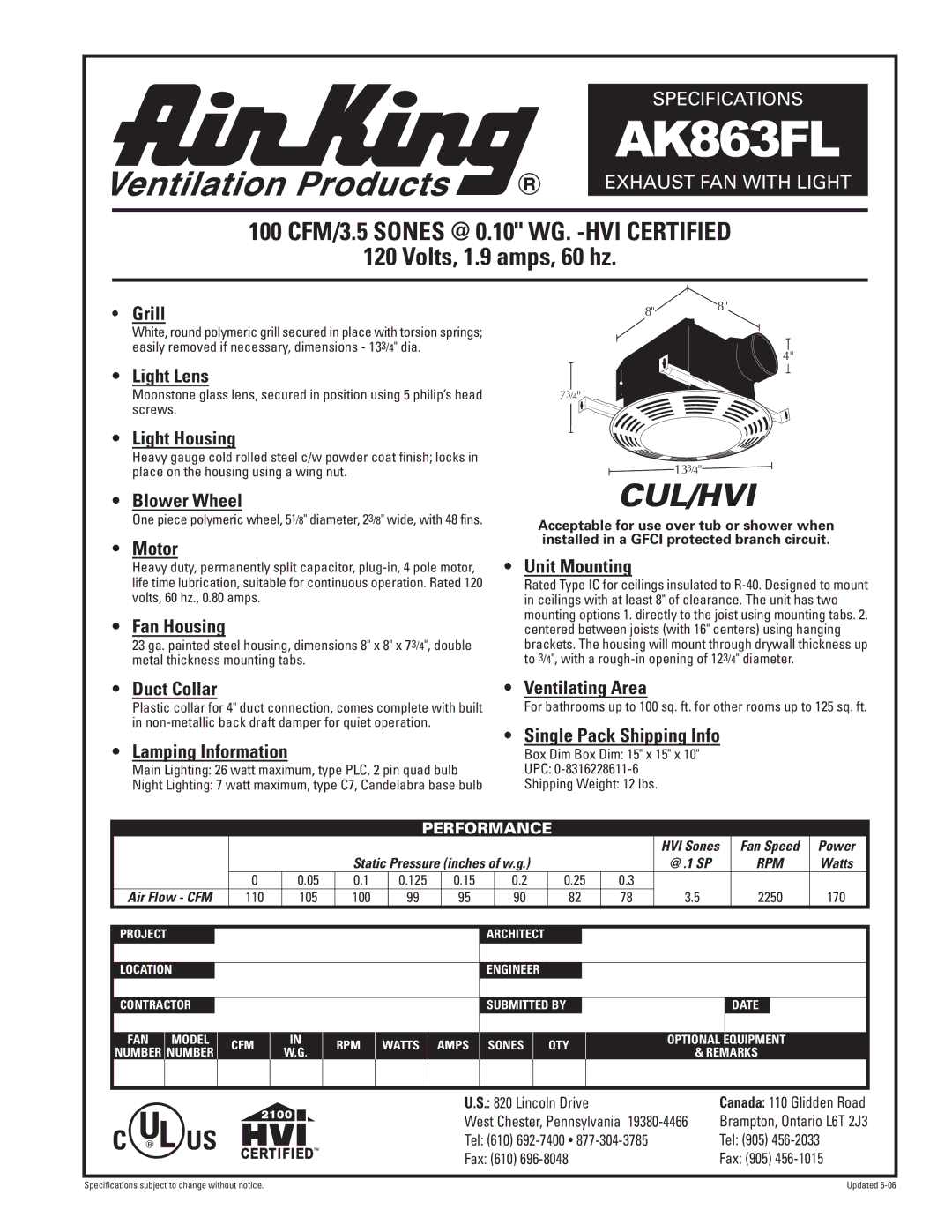 Air King AK863FL specifications Grill, Light Lens, Light Housing, Blower Wheel, Motor, Fan Housing, Unit Mounting 