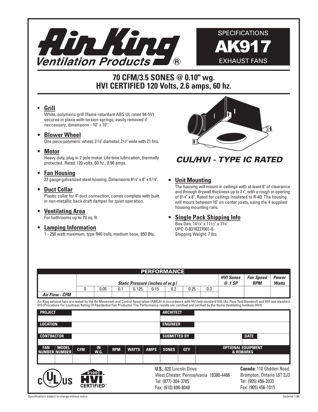 Air King Ak917 specifications AK917, CUL/HVI Type IC Rated 