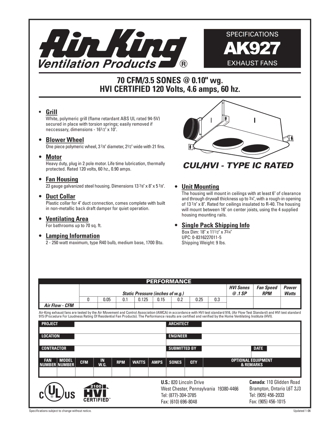 Air King AK927 specifications CUL/HVI Type IC Rated 