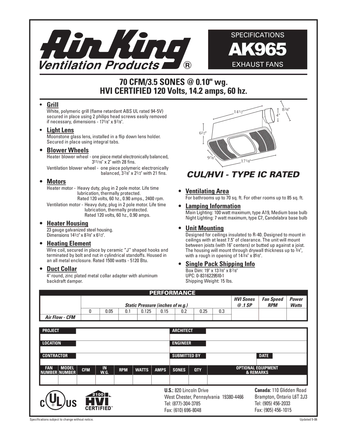 Air King AK965 specifications Grill, Light Lens, Blower Wheels, Motors, Heater Housing, Heating Element, Duct Collar 