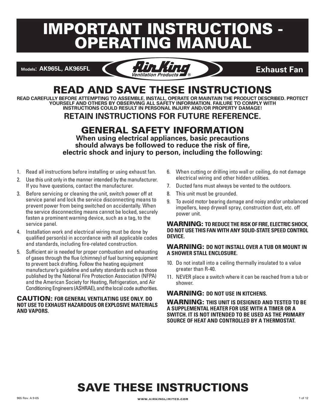 Air King AK965L, AK965FL manual General Safety Information, Read all instructions before installing or using exhaust fan 