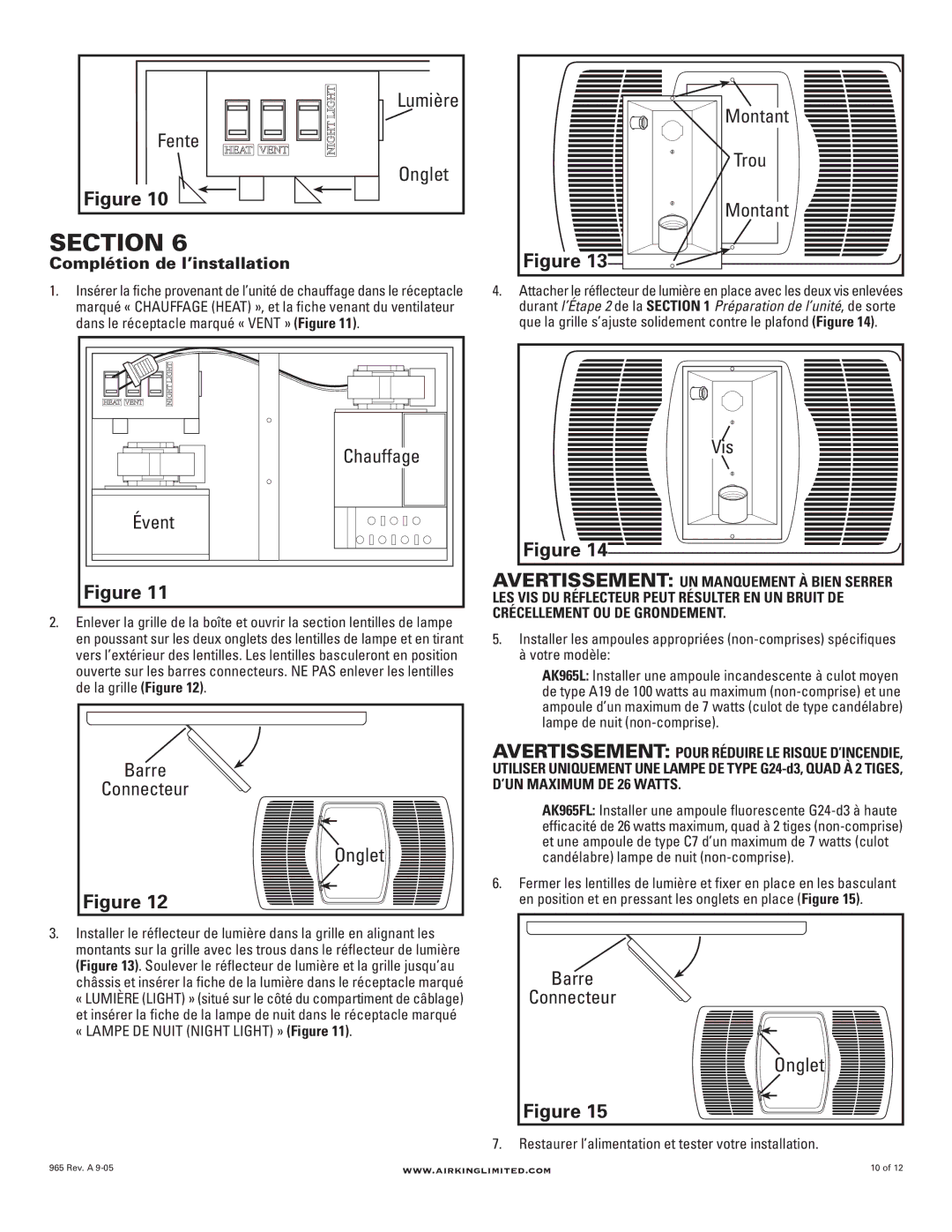 Air King AK965FL, AK965L manual Fente, Trou, Chauffage Évent, Complétion de l’installation 