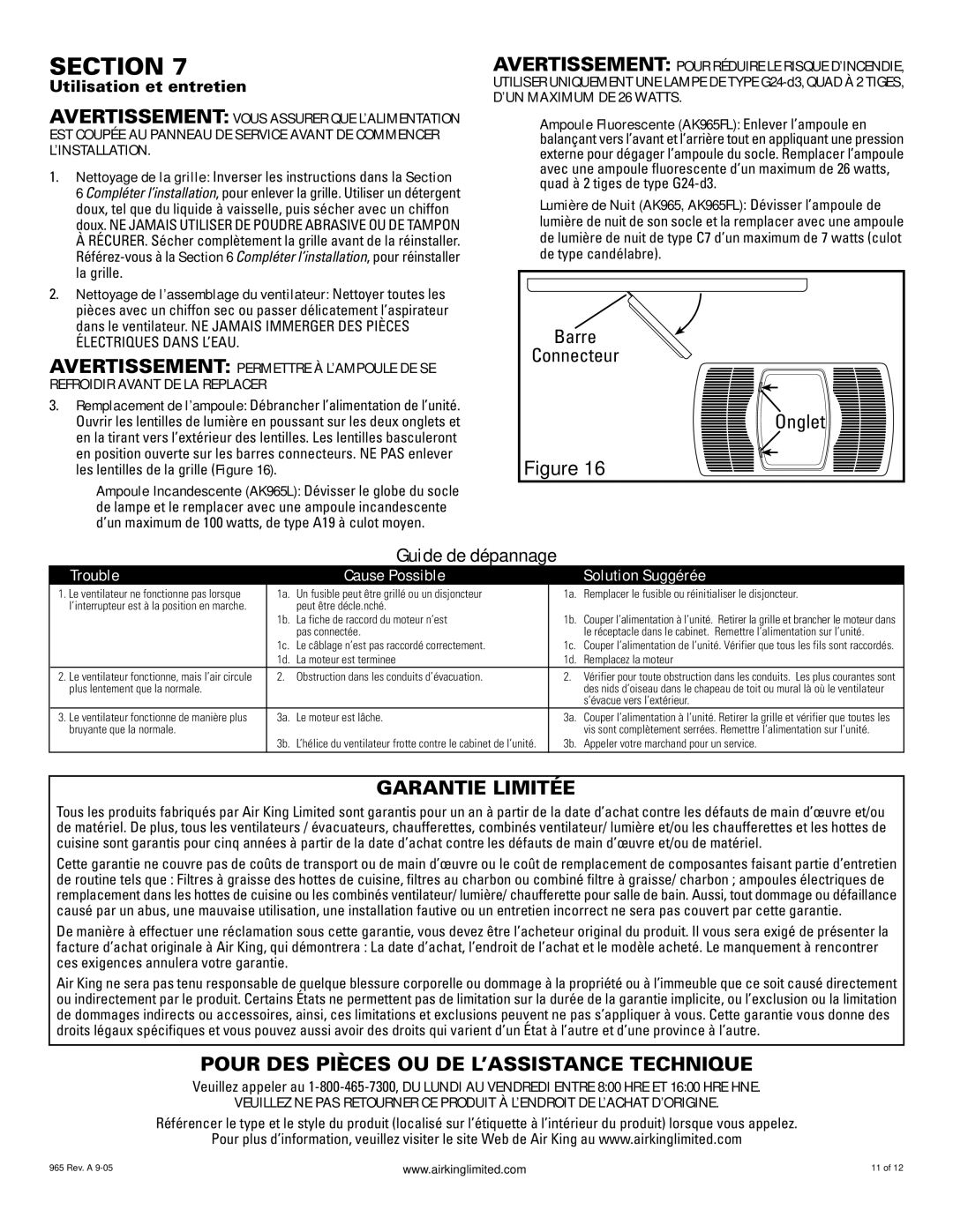 Air King AK965L, AK965FL manual Garantie Limitée, Pour DES Pièces OU DE L’ASSISTANCE Technique, Utilisation et entretien 