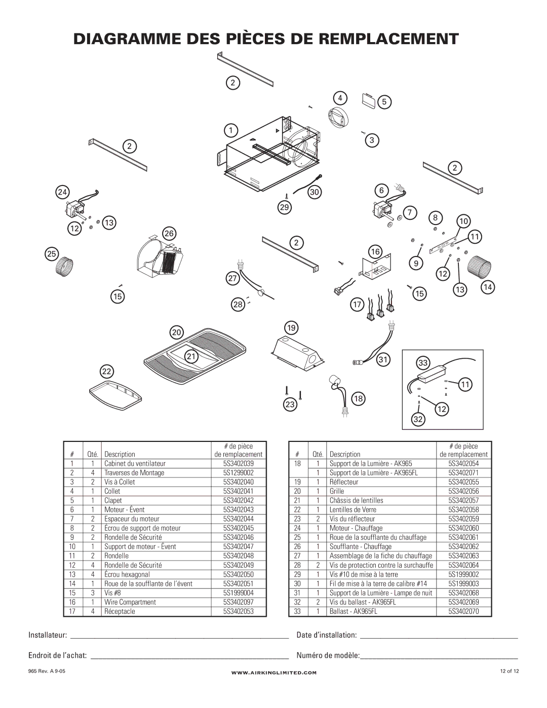 Air King AK965FL, AK965L manual Diagramme DES Pièces DE Remplacement, Soufflante Chauffage 