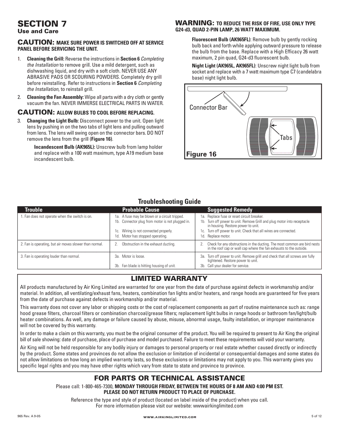 Air King AK965L, AK965FL manual Limited Warranty, For Parts or Technical Assistance, Use and Care 