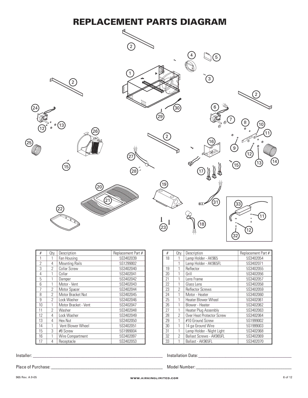 Air King AK965FL, AK965L manual Replacement Parts Diagram 