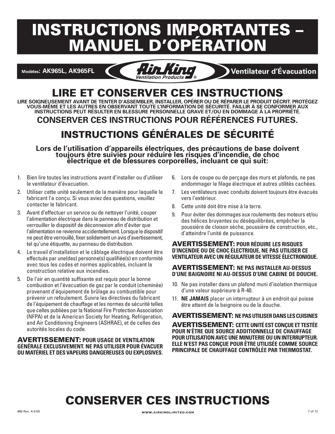 Air King AK965L, AK965FL manual Instructions Générales DE Sécurité, Avertissement NE PAS Utiliser Dans LES Cuisines 