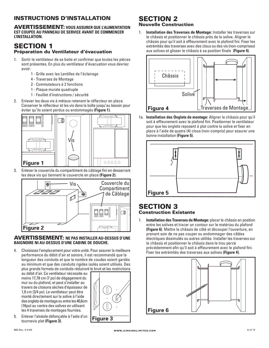 Air King AK965FL, AK965L manual Instructions D’INSTALLATION, Châssis Solive, Vis Couvercle du Compartiment De Câblage 