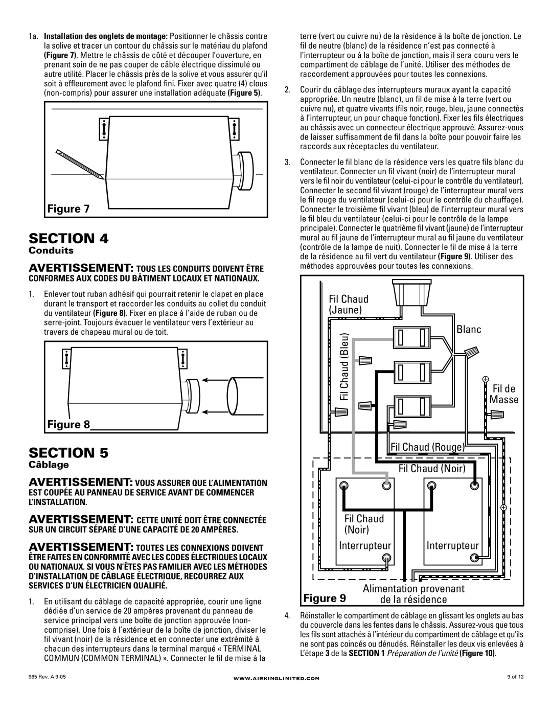 Air King AK965L, AK965FL manual Fil Chaud Jaune Chaud Bleu Blanc, Fil Chaud Rouge, Fil Chaud Noir Interrupteur 