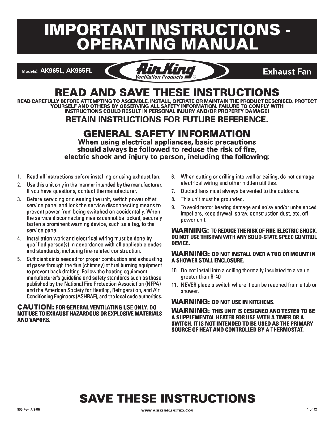 Air King AK965L, AK965FL manual Important Instructions Operating Manual, Read And Save These Instructions, Exhaust Fan 