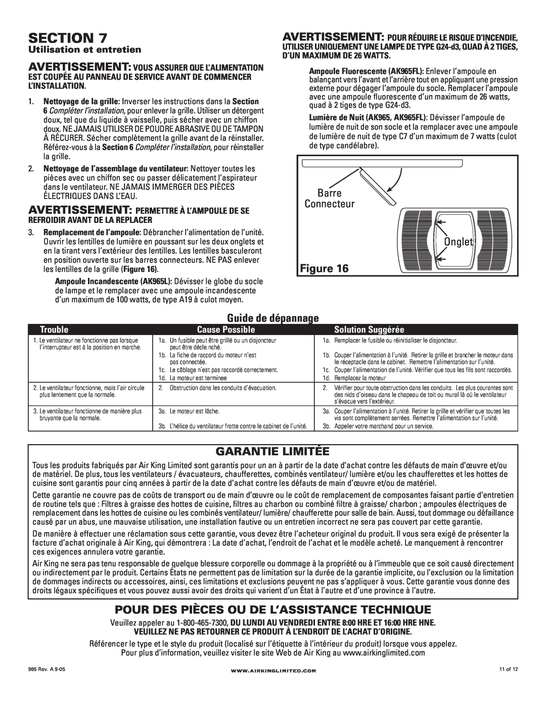 Air King AK965L Section, Guide de dépannage, Garantie Limitée, Pour Des Pièces Ou De L’Assistance Technique, Barre, Onglet 