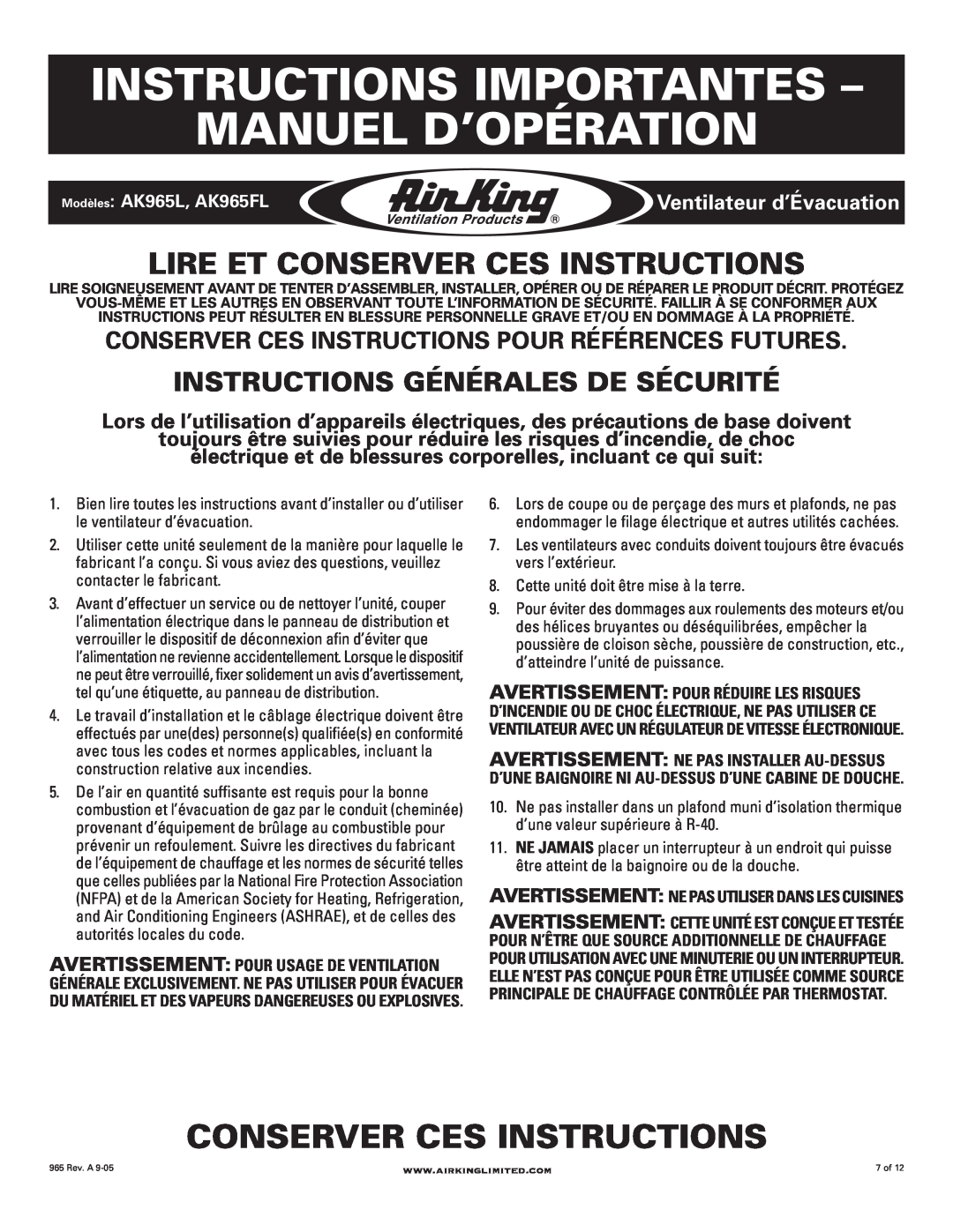 Air King AK965L, AK965FL manual Instructions Importantes - Manuel D’Opération, Conserver Ces Instructions 