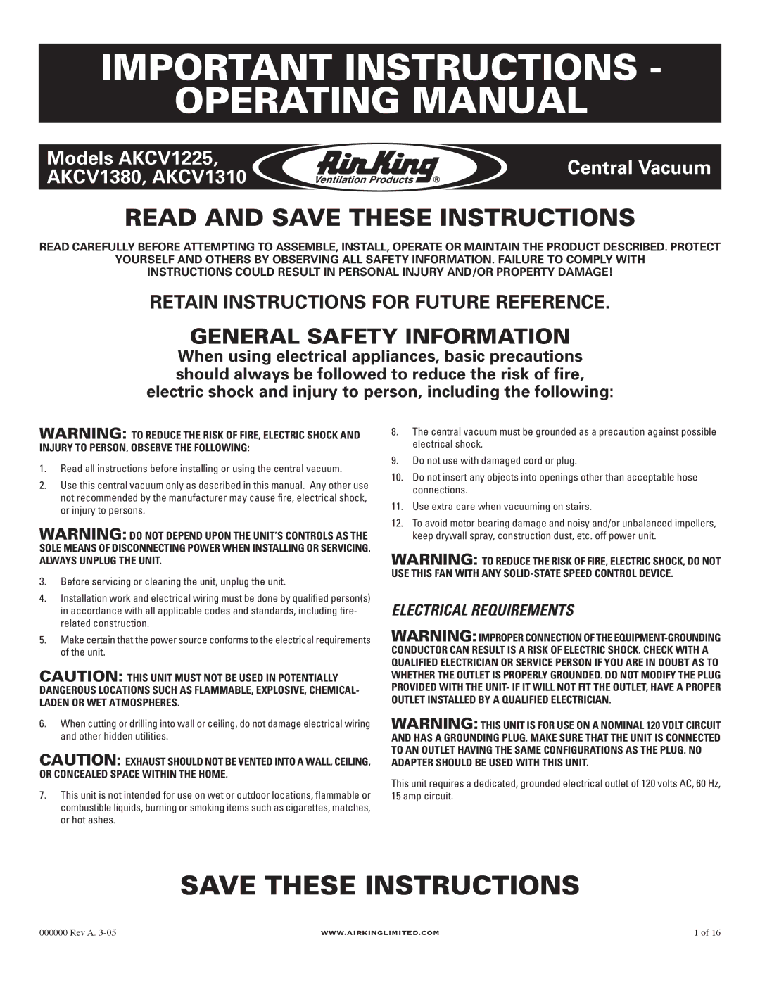 Air King AKCV1225, AKCV1380, AKCV1310 manual Important Instructions Operating Manual 