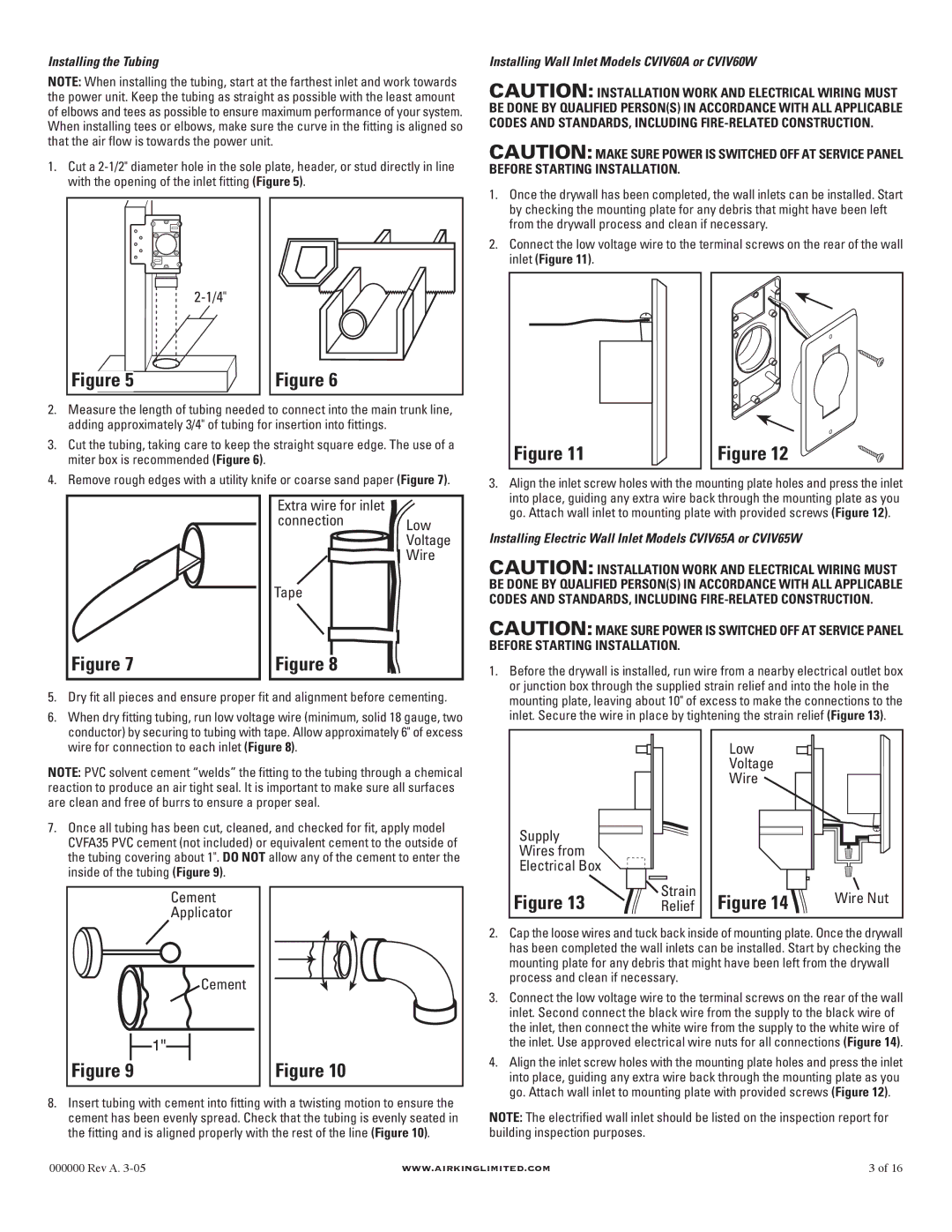 Air King AKCV1225, AKCV1380, AKCV1310 manual Extra wire for inlet connection Tape Low Voltage Wire, Cement 