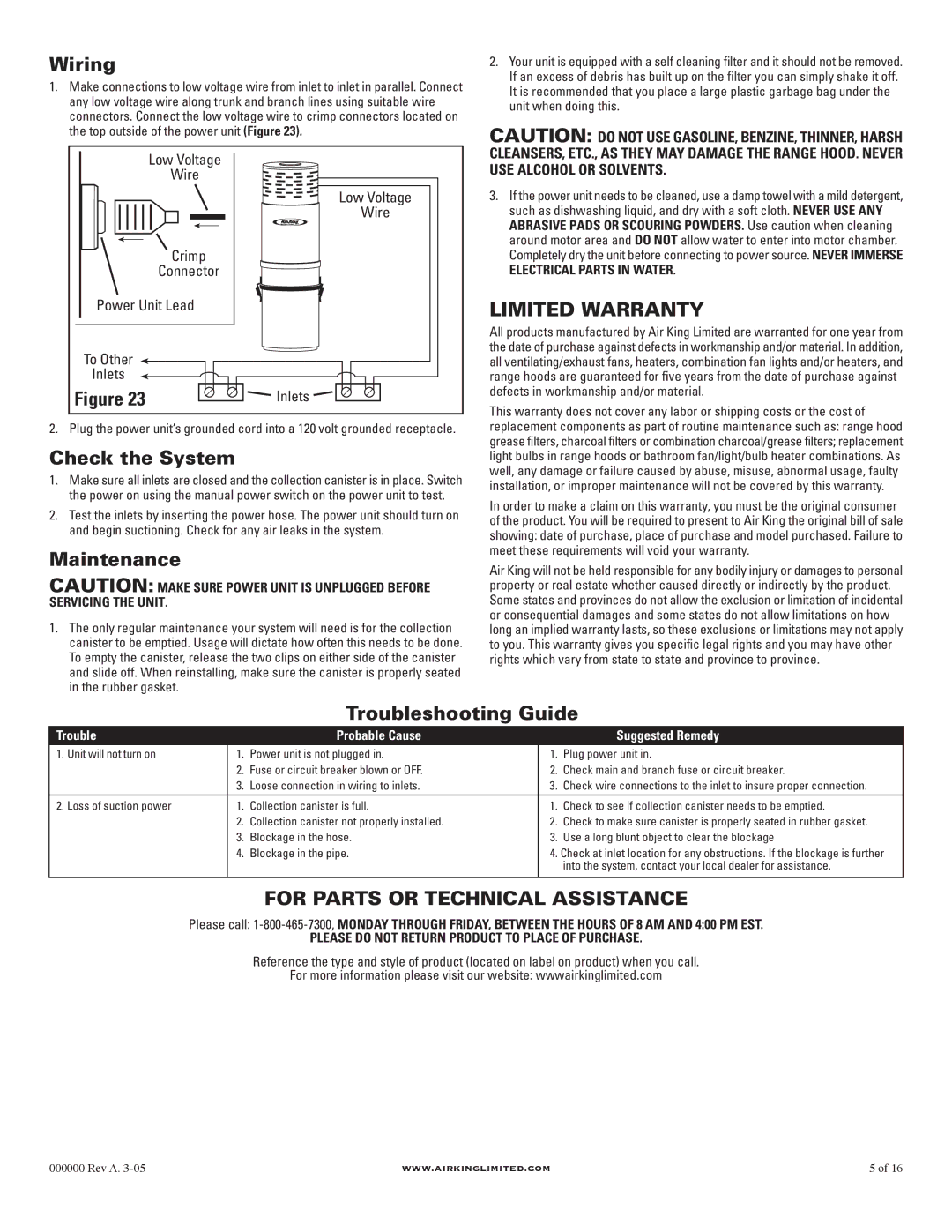 Air King AKCV1225, AKCV1380, AKCV1310 manual Limited Warranty, For Parts or Technical Assistance 