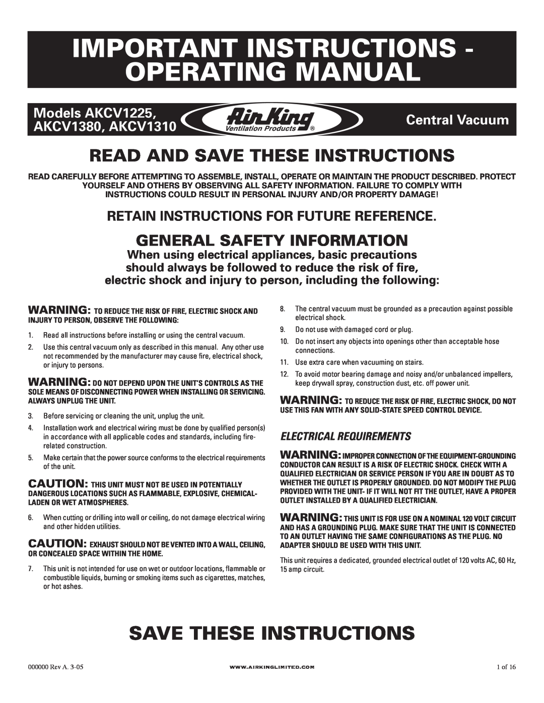 Air King AKCV1380 manual Important Instructions Operating Manual, Save These Instructions, General Safety Information 