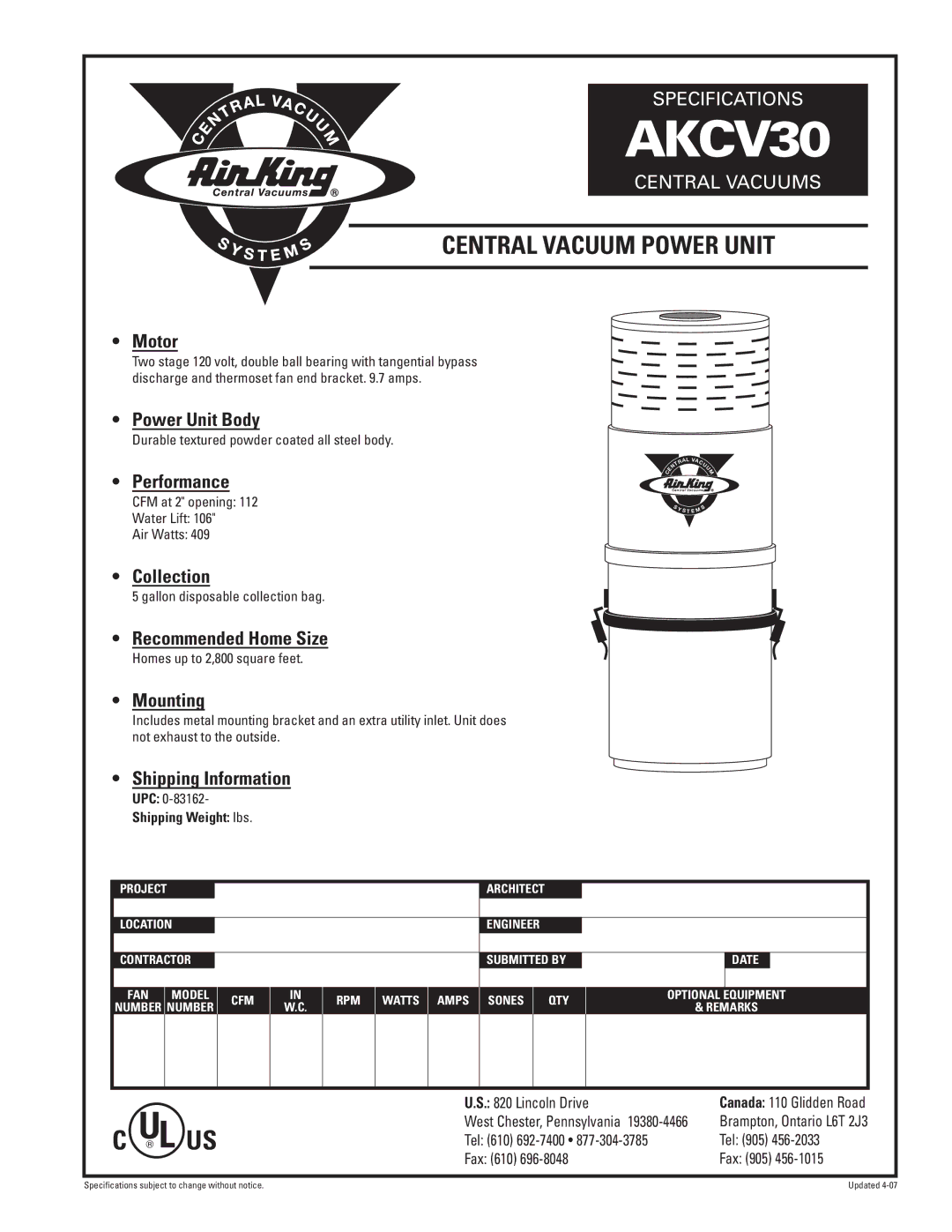 Air King AKCV30 specifications Central Vacuum Power Unit 