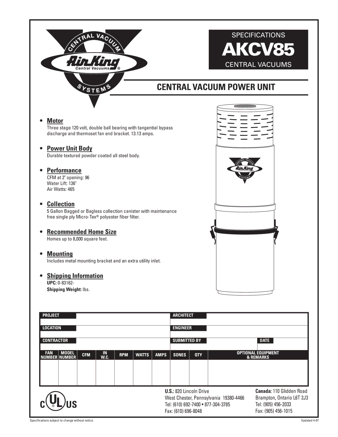 Air King AKCV85 specifications Central Vacuum Power Unit 